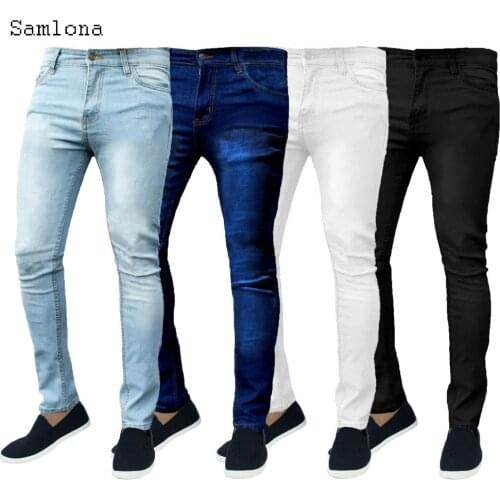European American Male Stretch Small Straight Skinny Jeans Classic Simplicity Solid color Denim Pants Men clothing Blue Trousers