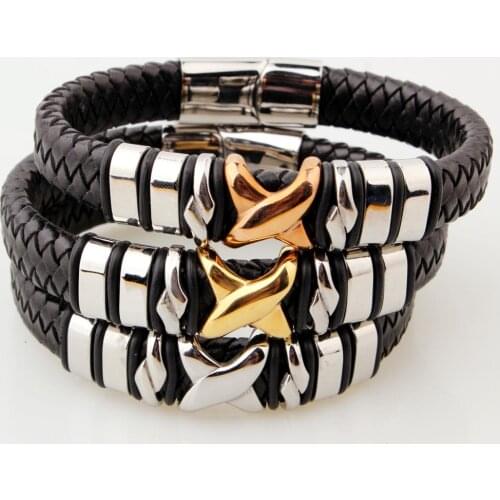 Hip Hop Men Jewelry Black Braided Leather Bracelet Stainless Steel Magnetic Clasp Fashion Bangles Gift 22cm