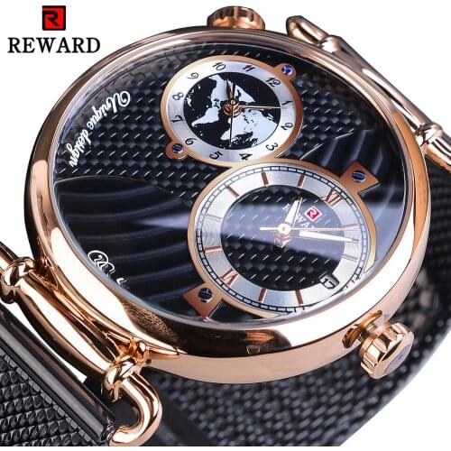 REWARD Dual Movement Calendar Display Black Steel Mesh Band Business Male Clock Fashion Design Quartz Watch Men Top Brand Luxury