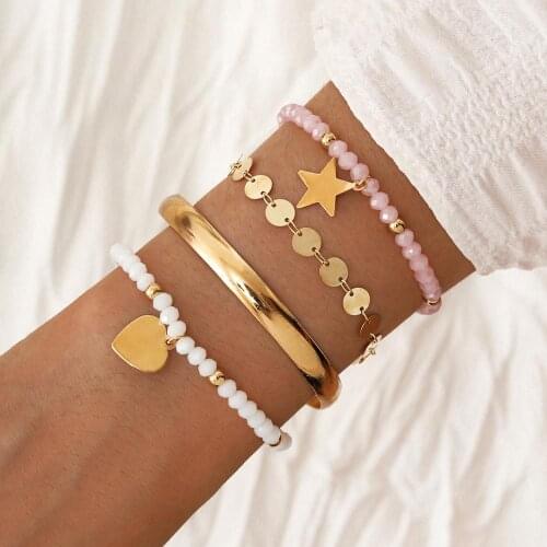New glass crystal elastic rope bracelet metal open bracelet love star bracelet set ladies jewelry