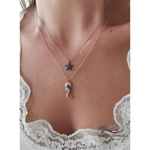 925 sterling Silver Turquoise Stone Sea Horse Sea Star Silver Necklace Female Rose Good Quality Fashionable Design Welcome 2021 Trend Fashion jewelry Style