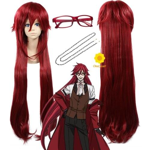 Kuroshitsuji Black Butler Grell Sutcliff Cosplay Wig Dark Red Long Hair Glasses Accessories Synthetic Fiber Hair + Free Wig Cap