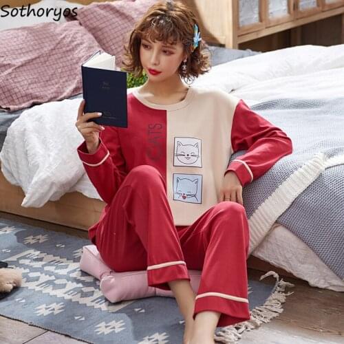 Pajama Sets Women Long Sleeve Autumn Cartoon Printed Striped Kawaii Trendy Loose Chic Comfortable Ulzzang Soft Chic Sleepwear