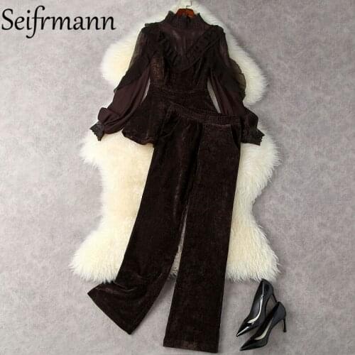 Seifrmann New 2021 Autumn Women Fashion Designer Long Pants Set Lantern Sleeve Velvet Tops + High Waist Straight Pants Suits