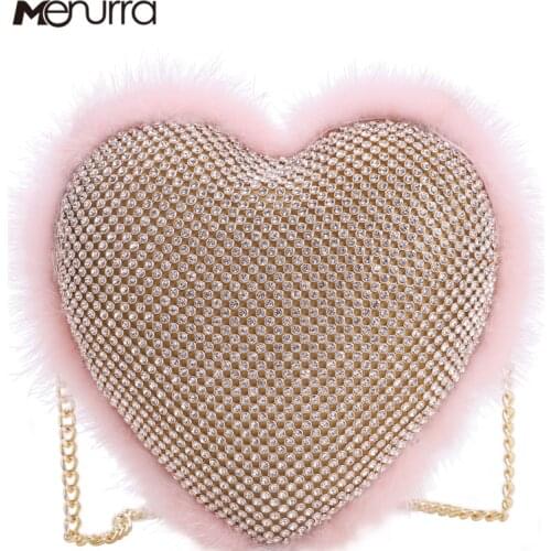 Heart Shape Crystal Clutch Bag Rhinestone Evening Bag Ostrich Fur Feather Ladies Party Purse Diamond Ladies Wedding Bag