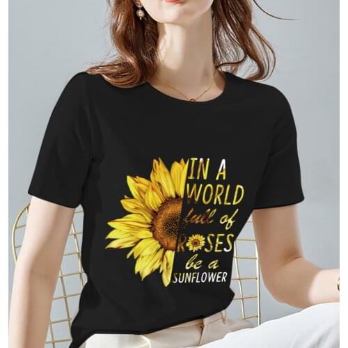 XXS-3XL Women Summer Print T-Shirt Daisies Pattern Series Female Tee Black All-match Ladies O-Neck Tops Clothing Dropshipping