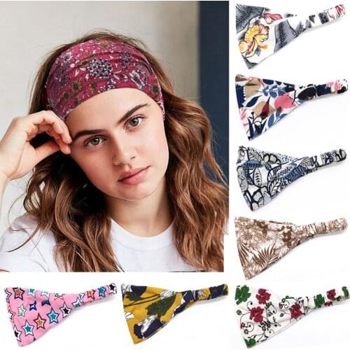 Womens Girls Fashion Printed Stretch Hair Band Headdress Sports Yoga Running Wide Bandana Gym Headband Running Wide Headscarf