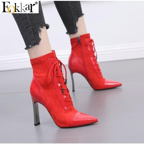 Eokkar 2021 Women Super High Heel Boots Pointed Toe Thin Heels Sexy Party Shoes Black Pu Leather Winter Ankle Boots Szie 39