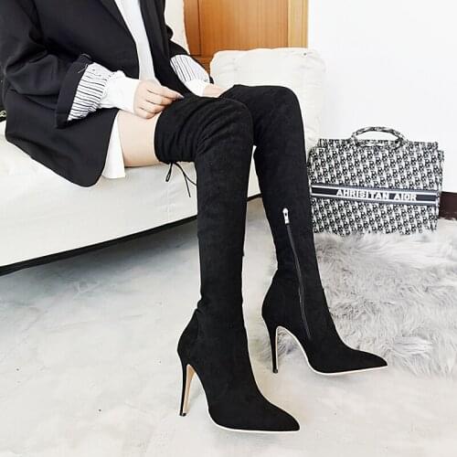 Womens New Leopard Print Over The Knee Boots Autumn Winter Sexy Stiletto Heels Zipper Large Size Womens Shoes Army Green