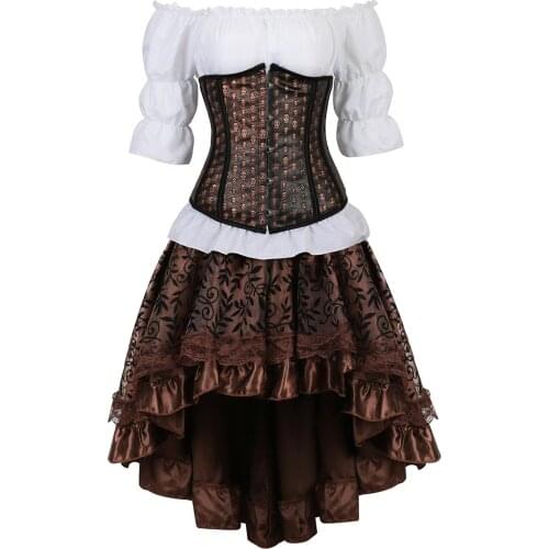 Corset and Bustiers 3 Piece Outfits for Women Steampunk Skull Faux Leather Underbust Skirt White Blouse Set Carnival Party