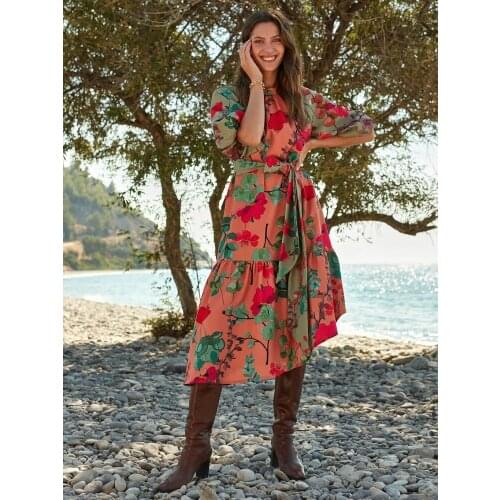 Women Green Floral Printed Ruffled Belted Midi Shirt Dress Spring Summer Beach Holiday Casual Bohemian Style Dresses 2021 New