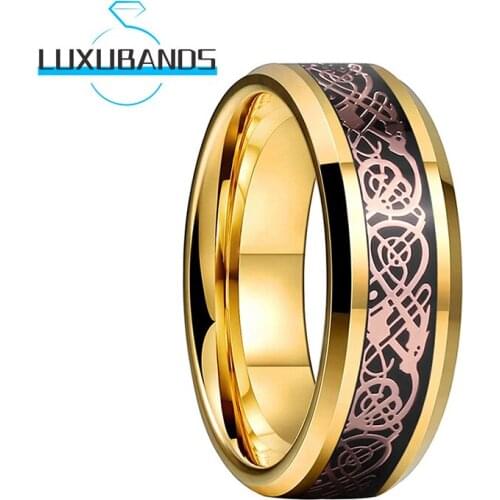 8MM Women Men Gold Tungsten Wedding Bands Beveled Edges Rose Gold Dragon Black Carbon-Fiber Inlay Polished Finished Comfort Fit