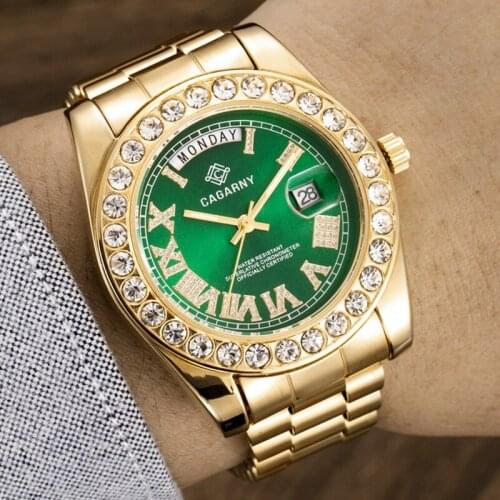 Cagarny Luxury Gold Watch Men Quartz Analog Stainless Steel Watch Calendar Week Display Waterproof Wrist Watches for Men Clock