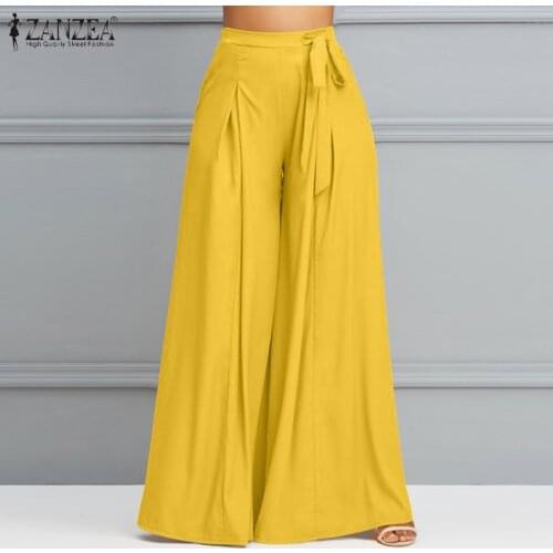 Womens Long Maxi Trousers ZANZEA Fashion Wide Leg Pants Party Holiday Bow Solid Bottom Female Casual Elegant Pants Oversized