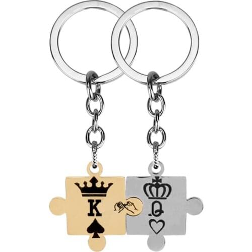 King/Queen Couples Keychain Stainless Steel Lettering Puzzle Key Ring Lovers Valentines Day Jewelry 1 Pair Trinkets Key Chain