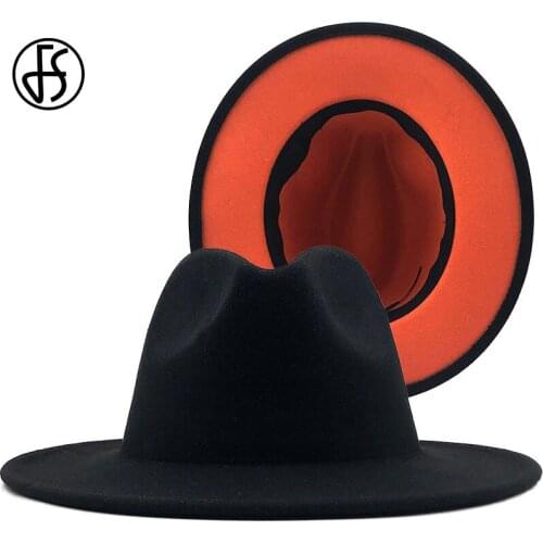 FS 60CM Unisex Outer Black Inner Orange Wool Felt Fedora Hats For Men Women Wide Brim Jazz Panama Church Trilby Cowboy Sombrero