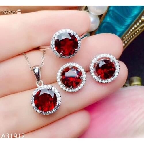 KJJEAXCMY Boutique jewelry 925 Sterling Silver Natural Garnet Gem Girl Necklace Pendant Ring Earrings 3 Piece Set Free Shipping