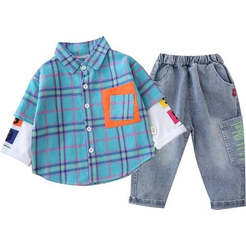Baby Boys Girls Spring and Autumn Clothes Children Patchwork Plaid Shirt+ Jeans 2 Pieces Sets Kids Fashion Costume Outfits