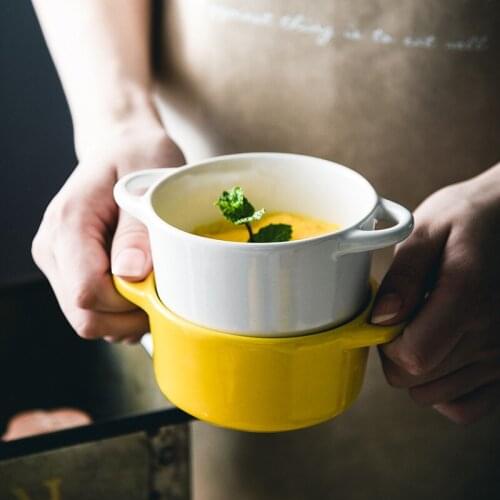 Kawaii bowl tableware Stew pot with lid, cute binaural tableware, household bowl, baking bowl, ceramic dessert, steamed egg