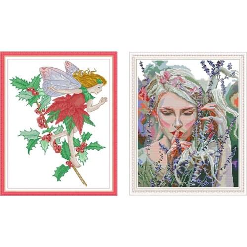 Joy Sunday Flower Angel Cross Stitch Kits for Embroidery Kit Needlework Kit DMC Printed Canvas Aida Fabric Cross Stitch Needles