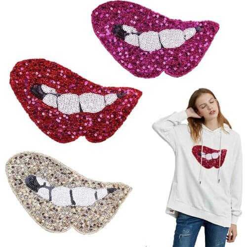 New Lip Smiling Mouth Sequins Patch Tooth Sequined Appliques Gold Red Sewing Patch for Clothing DIY Accessories Jackets Big Logo