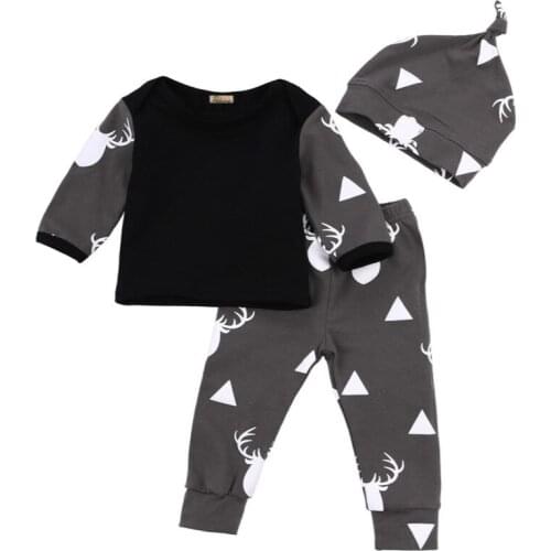Newborn Baby Boys Clothes Deer Tops T-shirt +Pants Leggings Hat 3pcs Outfits Set