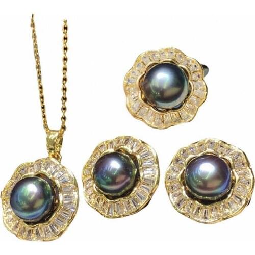 Original creative wedding jewelry CZ freshwater pearl women bling classic pendant necklace earring ring jewelry sets