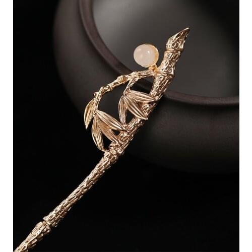 2021 Newest Gold Color Hair Stick Bamboo Leaf Design Hair Jewelry Traditional Chinese Hair Accessories Gift for Girls Women