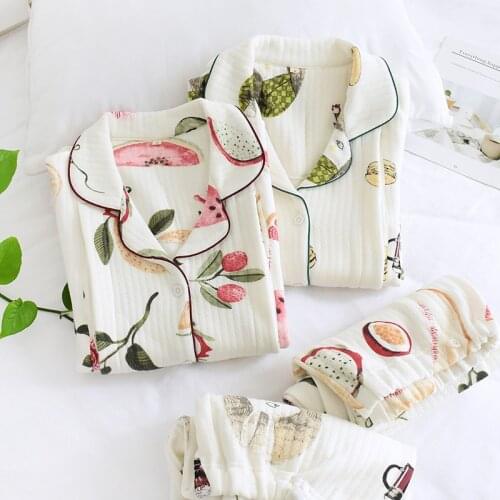 Womens Pajamas 100% Cotton Thicken Quilted Japanese Print Long-Sleeved Trousers Sleepwear Set Ladies Air Cotton Warm Homewear