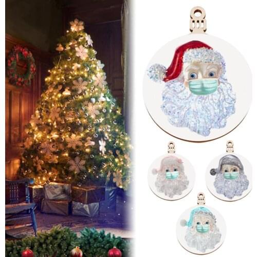 Christmas Tree Hanging Ornaments Wooden Handmade Santa Clause Wearing Mask Pendant Christmas Decoration Supplies Xmas Ornaments