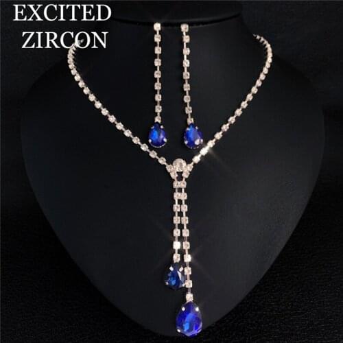 Simple Luxury Full Crystal Chain Blue Water Drop Necklaces & Pendants Dangle Earrings Sets Wedding Bridal Jewelry Sets