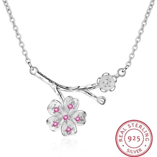 Drop Shipping 925 Sterling Silver Blossom Cherry Flower Necklace Crystal Tree Branch Pendant&Necklace Jewelry Colar de Plata