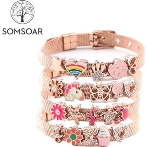 Drop shipping Somsoar Jewelry Rose Gold Mesh Bracelet Set Stainless steel Bracelet with 5pcs slide Charms as Christmas Day Gift