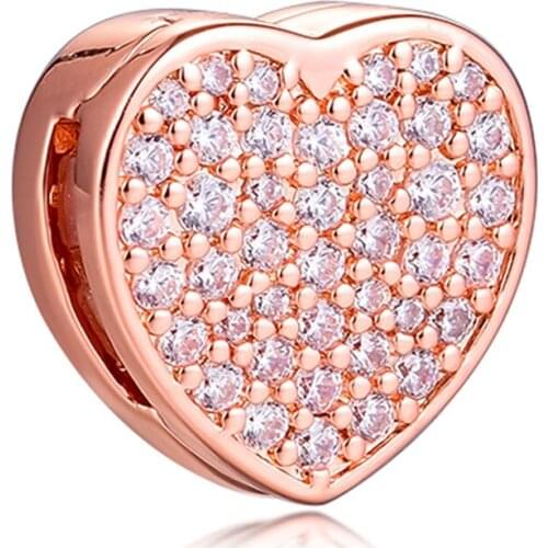 QANDOCCI Genuine 925 Sterling Silver Rose Gold Color Pave Heart Clip Charm Beads Fits Reflexions Bracelet Fashion Women Jewelry