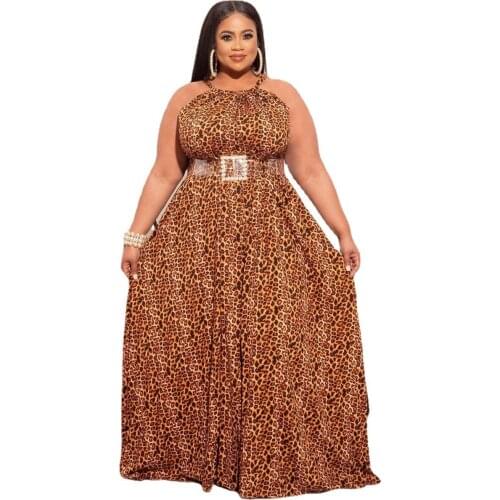 Plus Size Fashion Sexy Womens Clothing Party Style Leopard Print Halter Neck Open Back Long Loose Straight Ceremonial Dress