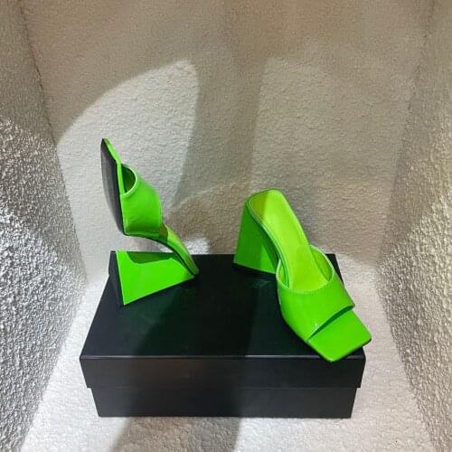 Italian designer brand square toe triangle heel high heel sandals plus size lady super high heel 11.5cm heel height in green