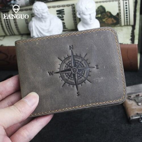 3D Compass Embossed Credit Card Holder Bag Genuine Leather Driver License Holder Handmade Multi-function Card Wallet