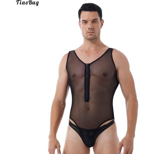 TiaoBug Men One-Piece See Through Sheer Mesh Lingerie Deep U-Neck Sleeveless Front Zippered High Cut Teddy Bodysuit