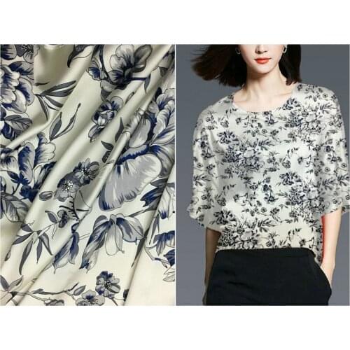 Blue and white digital printing heavy silk stretch satin fabric natural mulberry silk high fashion fabric cheongsam dress sewing