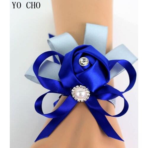 YO CHO Delicate Custom Prom Flowers Wrist Hand Corsage Bracelet Stain Bridal Bridesmaid Hand Flower Pearl Brooch Wedding Decor