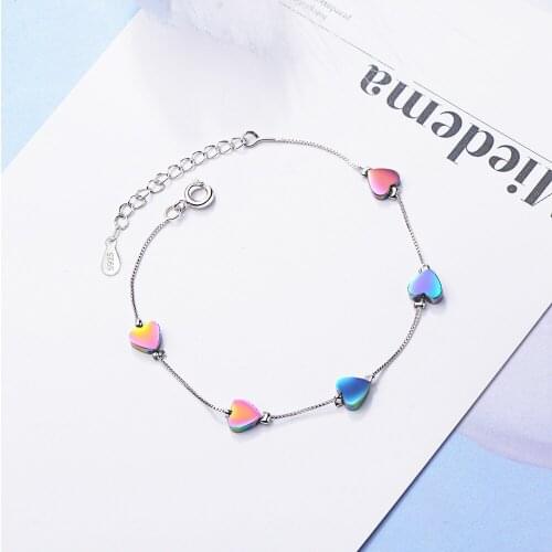925 Sterling Silver Sweet Rainbow Coloful Love Heart Bracelet For Women