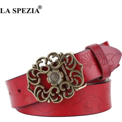 LA SPEZIA Red Women Belt Vintage Waist Belt Genuine Cow Leather Pin Buckle Vintage Cowskin High Quality Brand Ladies Belt 110cm