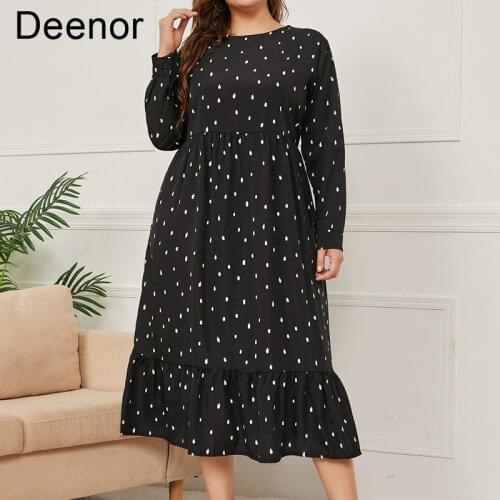Deenor Plus Size Long Dresses for Women 2021 Autumn Printed Long Sleeve Round Neck Dress Elegant Dresses Casual Female Clothing