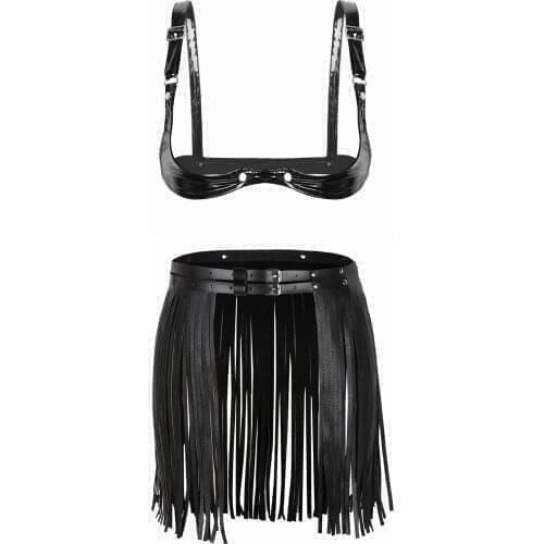 Women Wet Look Lingerie Suit Hallow Out Open Cup Bra Tops with Adjustable Buckles Fringed Mini Skirts for Club Stage Performance