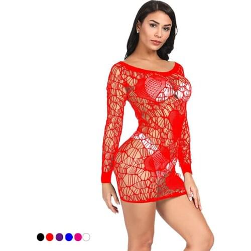 Plus dress Sexy Fishnet lingerie Minidress Long sleeve teddy Slim halter Buttocks Erotic fancy style short dress sex games toy