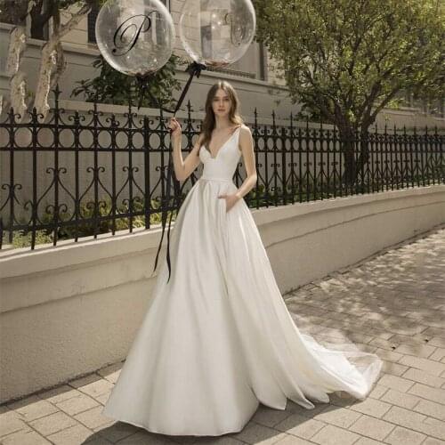 Simple Satin Wedding Party Gowns Deep V-Neck 2021 Open Back Ceremony Beach Wedding Dresses Custom Made Bridal Dress