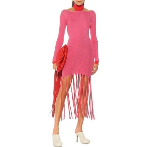 2021 Autumn New 9.11 Women Knitted Tassel Long Sleeve Slim Dresses Female High Quality Patchwork Sexy Backless Dress 2 Color