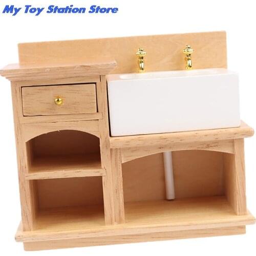 1/12 Miniature Wooden Wash Basin Cabinet with Ceramic Hand Sink Furniture for Dollhouse Bathroom or Kitchen Decoration
