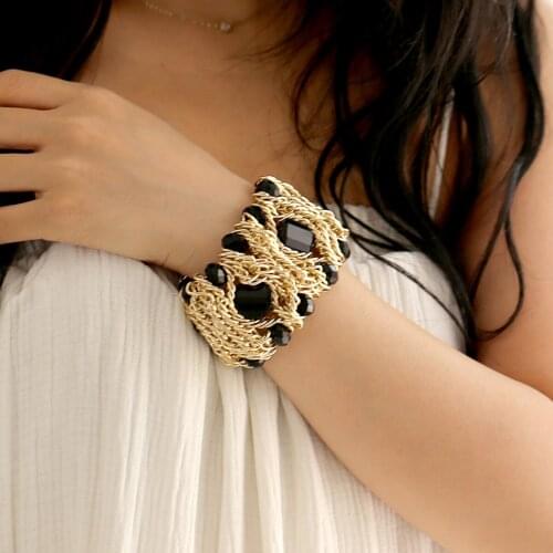 HAHA&TOTO All Seasons Womens Bohemian Crystal Beads Gold Chains Elastic Beaded Bracelet Fashion Bangle for Party Prom Wedding