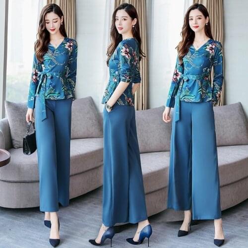 Elegant Woman Pants And Blouse Set Print Floral Female Wide Leg Pants And Top Two Piece Set Vintage Outfits For Women AA4951